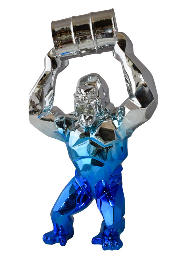 Textile Blue and Silver King Kong with A Barrell Statue  Size: 14" x 7" x 24"H