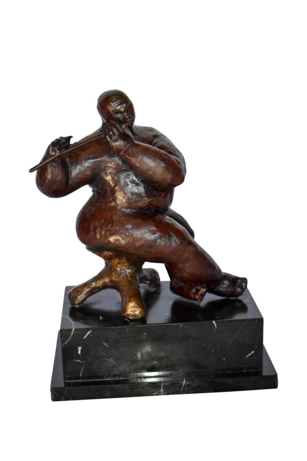 Botero Replica of Art Nude Man Playing the Flute Bronze Statue 10" x 7" x 11"H