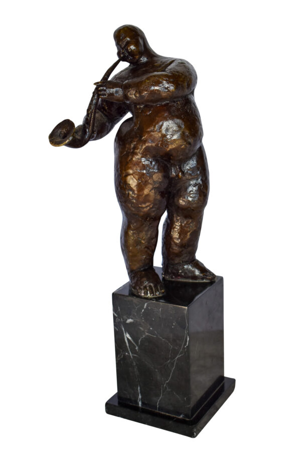 Botero Replica of Art Nude Man Playing Saxophone Bronze Statue 7" x 7" x 23"H