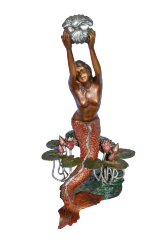 Mermaid Art Nude Holding a Shell Colored Bronze Statue Fountain  10" x 8" x 21"H