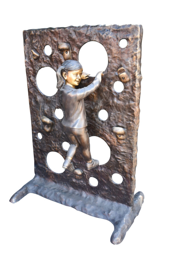 Young Girl Playing on A Climbing Wall Bronze Statue Life Size 44" x 26" x 57"H