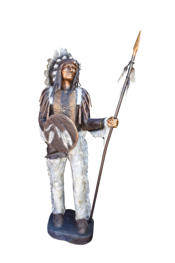 Indian Chief Green and Brown Patina Detailed Bronze Statue 42" x 24" x 74"H