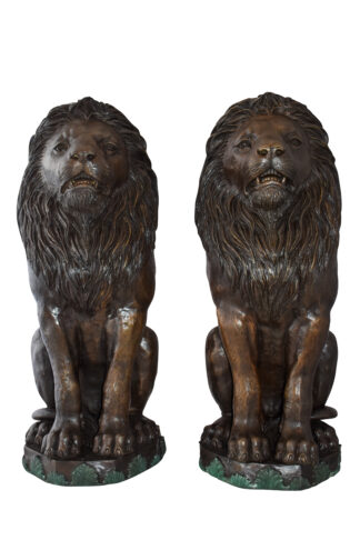 Pair Of Lions Sitting on Base Very Detailed Bronze Statues 13" x 26" x 34"H