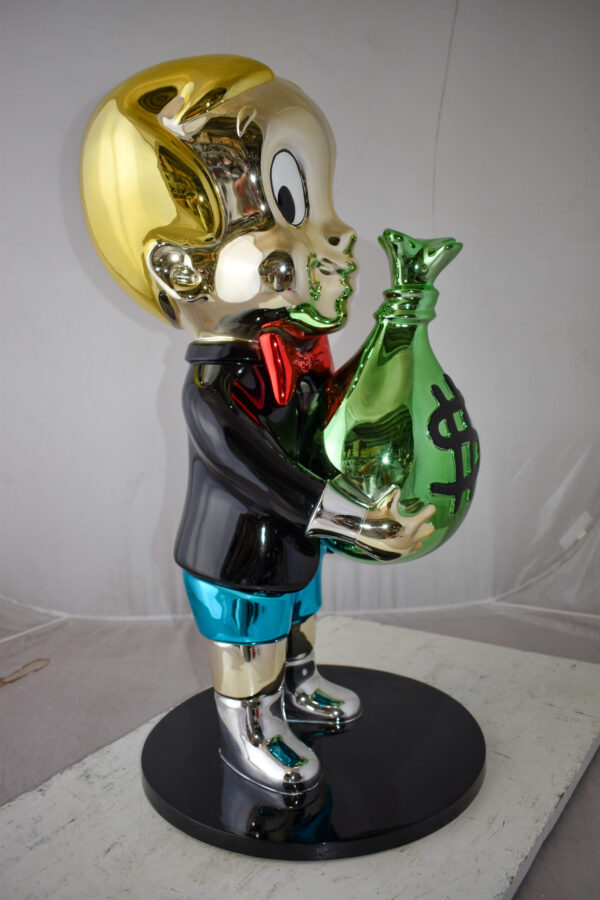 Excited Cartoon Boy Holding Money Bag Resin Statue Large Size: 16" x 16" x 32"H - Image 5