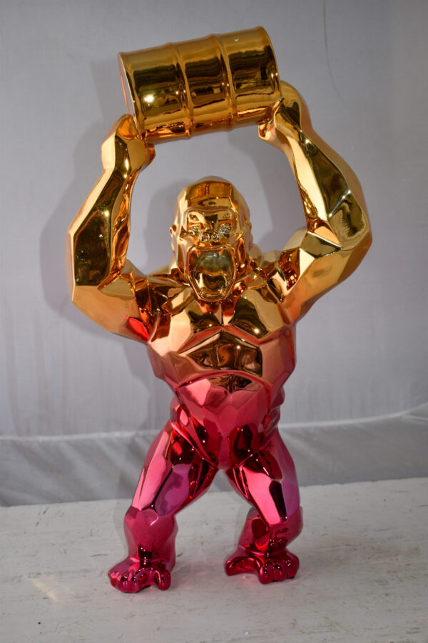Textile Red and Gold King Kong with A Barrell Statue  Size: 14" x 7" x 24"H - Image 3