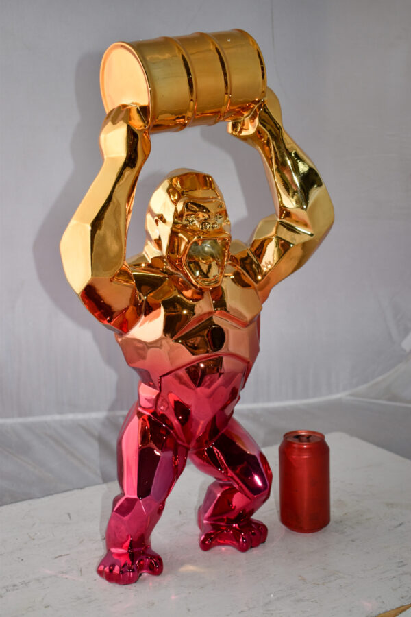 Textile Red and Gold King Kong with A Barrell Statue  Size: 14" x 7" x 24"H - Image 4