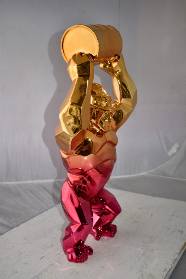Textile Red and Gold King Kong with A Barrell Statue  Size: 14" x 7" x 24"H - Image 5