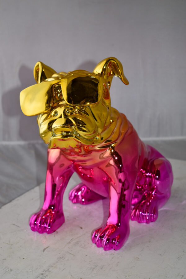 Bulldog With Sunglasses Colored Pink and Gold Resin Statue Size: 17" x 9" x 13"H - Image 6