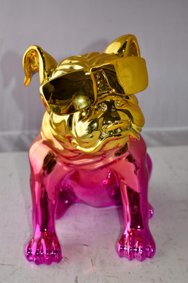Bulldog With Sunglasses Colored Pink and Gold Resin Statue Size: 17" x 9" x 13"H - Image 7