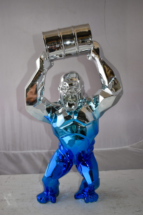 Textile Blue and Silver King Kong with A Barrell Statue  Size: 14" x 7" x 24"H - Image 3