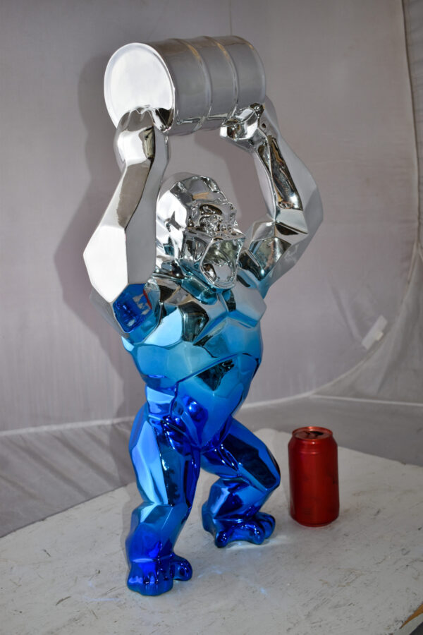Textile Blue and Silver King Kong with A Barrell Statue  Size: 14" x 7" x 24"H - Image 4