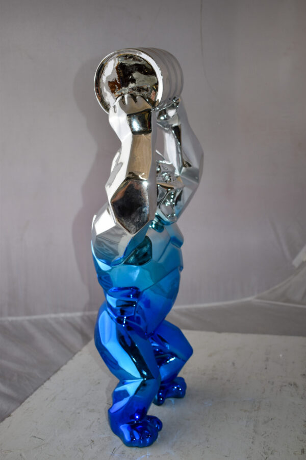 Textile Blue and Silver King Kong with A Barrell Statue  Size: 14" x 7" x 24"H - Image 5