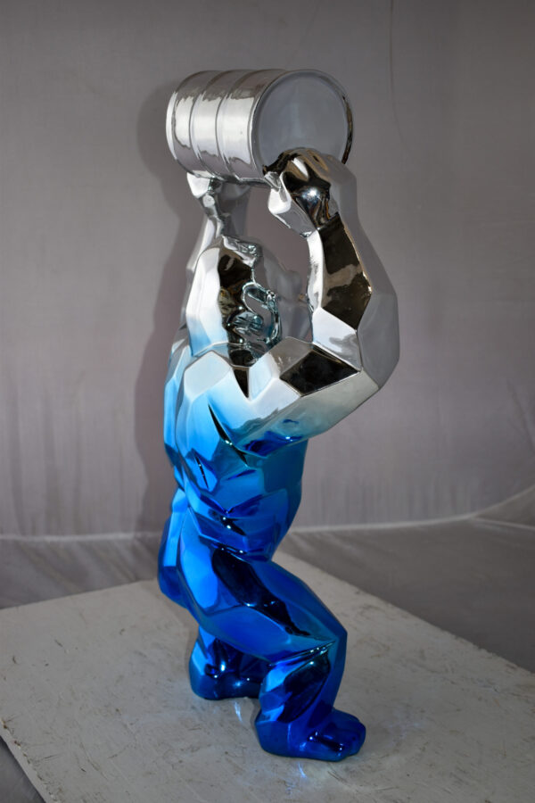 Textile Blue and Silver King Kong with A Barrell Statue  Size: 14" x 7" x 24"H - Image 6