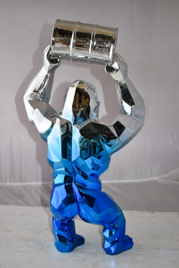 Textile Blue and Silver King Kong with A Barrell Statue  Size: 14" x 7" x 24"H - Image 7