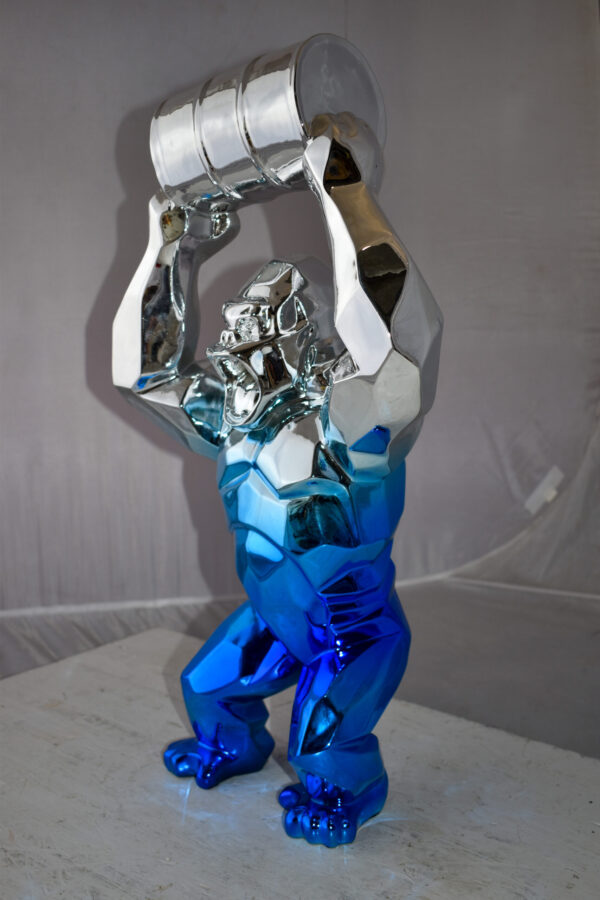 Textile Blue and Silver King Kong with A Barrell Statue  Size: 14" x 7" x 24"H - Image 10