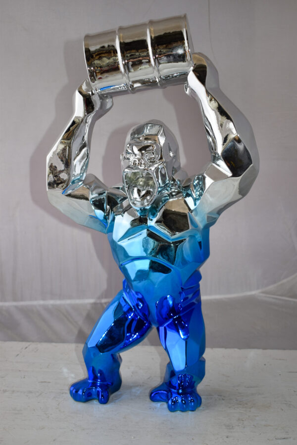 Textile Blue and Silver King Kong with A Barrell Statue  Size: 14" x 7" x 24"H - Image 11
