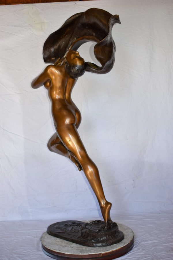 Beautifully Exotic Fabric Dancer Bronze Statue Art Nude Size: 33" x 14" x 58"H - Image 6