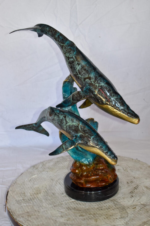 Pair of Humpback Whales Swimming in The Ocean Bronze Statue  20" x 10" x 25"H - Image 12