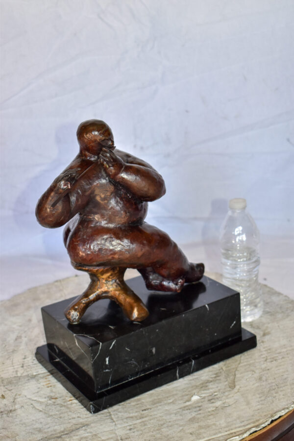 Botero Replica of Art Nude Man Playing the Flute Bronze Statue 10" x 7" x 11"H - Image 3