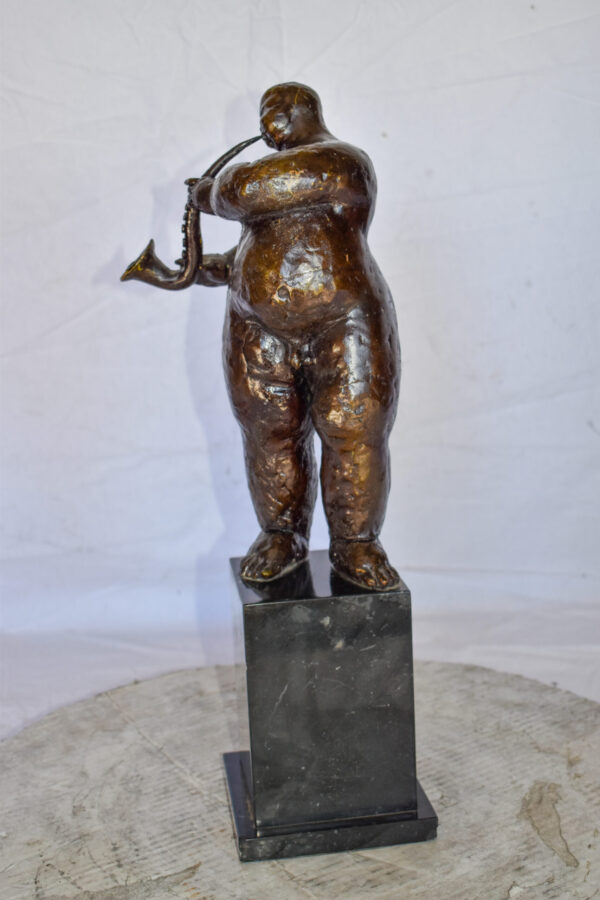 Botero Replica of Art Nude Man Playing Saxophone Bronze Statue 7" x 7" x 23"H - Image 3