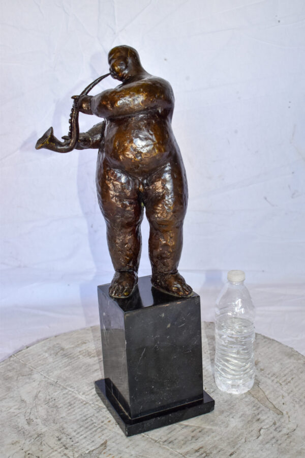 Botero Replica of Art Nude Man Playing Saxophone Bronze Statue 7" x 7" x 23"H - Image 4