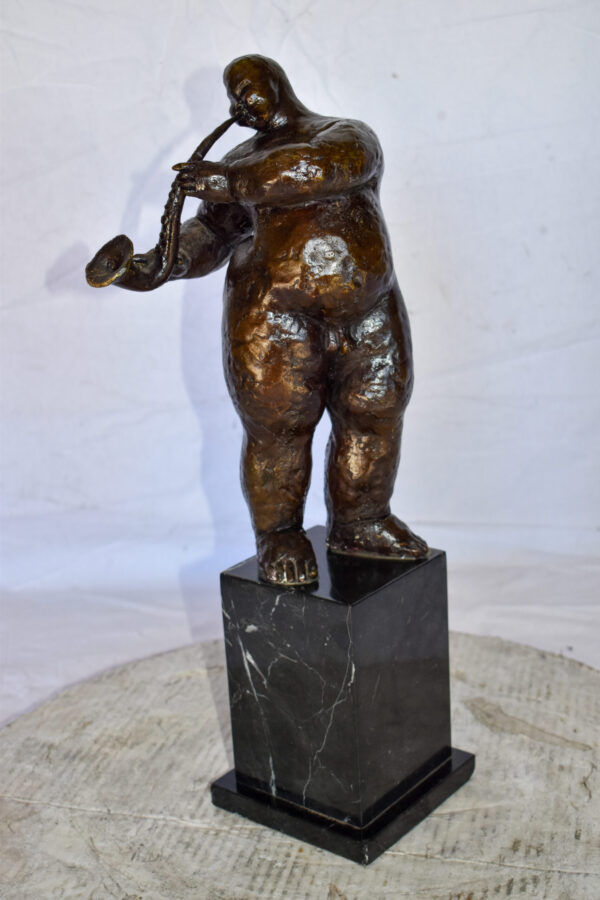 Botero Replica of Art Nude Man Playing Saxophone Bronze Statue 7" x 7" x 23"H - Image 5