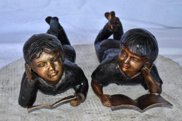 Young Kids Laying and Reading Cheerfully Bronze Statue Set Size: 20" x 13" x 8"H - Image 10