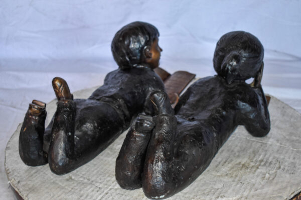 Young Kids Laying and Reading Cheerfully Bronze Statue Set Size: 20" x 13" x 8"H - Image 4