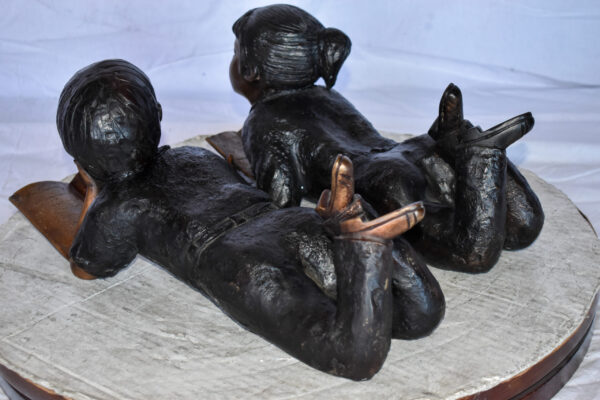 Young Kids Laying and Reading Cheerfully Bronze Statue Set Size: 20" x 13" x 8"H - Image 6