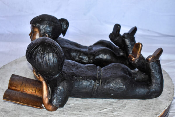 Young Kids Laying and Reading Cheerfully Bronze Statue Set Size: 20" x 13" x 8"H - Image 7