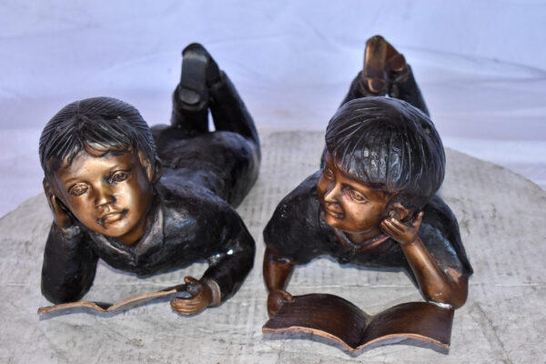 Young Kids Laying and Reading Cheerfully Bronze Statue Set Size: 20" x 13" x 8"H - Image 9