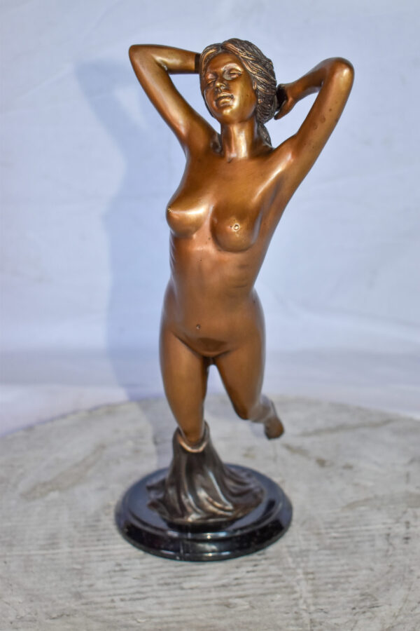 Nude Girl Posing Art Bronze Statue Mounted on Marble Size: 8" x 8" x 16"H - Image 3