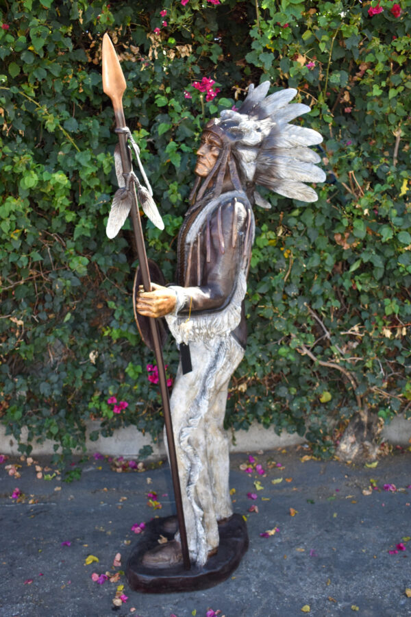 Indian Chief Green and Brown Patina Detailed Bronze Statue 42" x 24" x 74"H - Image 8