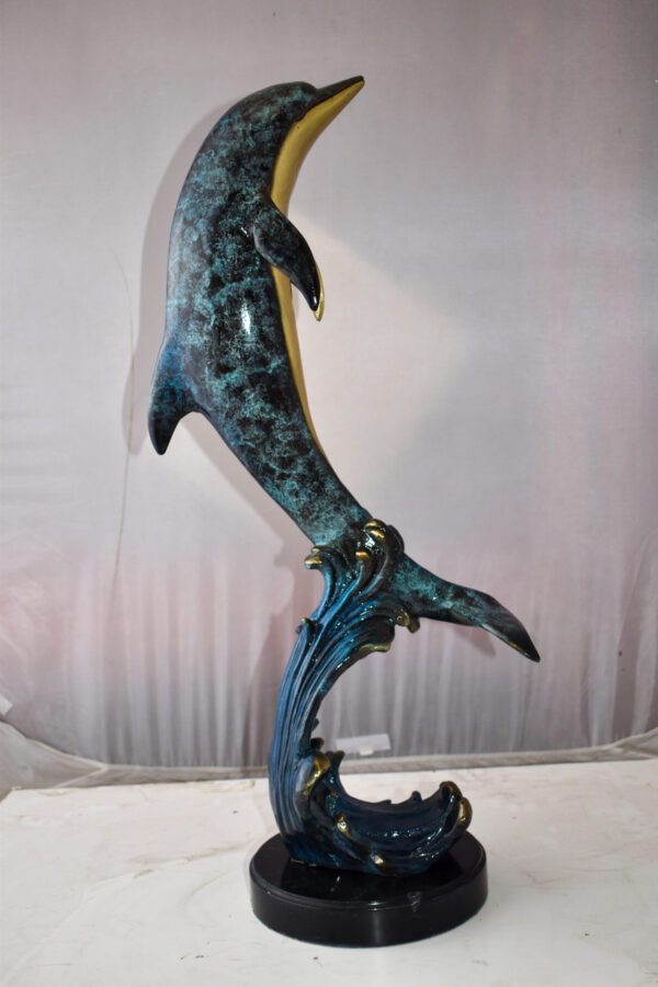 Dolphin Jumping the Waves Colored Bronze Statue Size: 15" x 10" x 31"H - Image 3