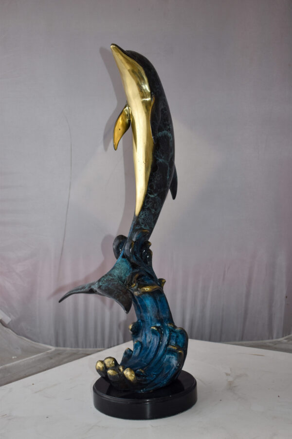 Dolphin Jumping the Waves Colored Bronze Statue Size: 15" x 10" x 31"H - Image 6
