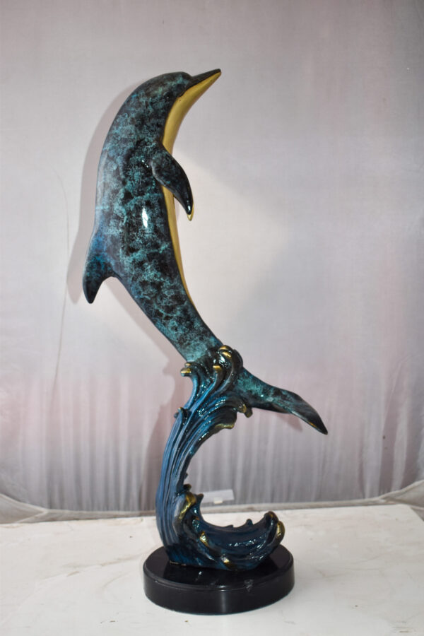 Dolphin Jumping the Waves Colored Bronze Statue Size: 15" x 10" x 31"H - Image 9