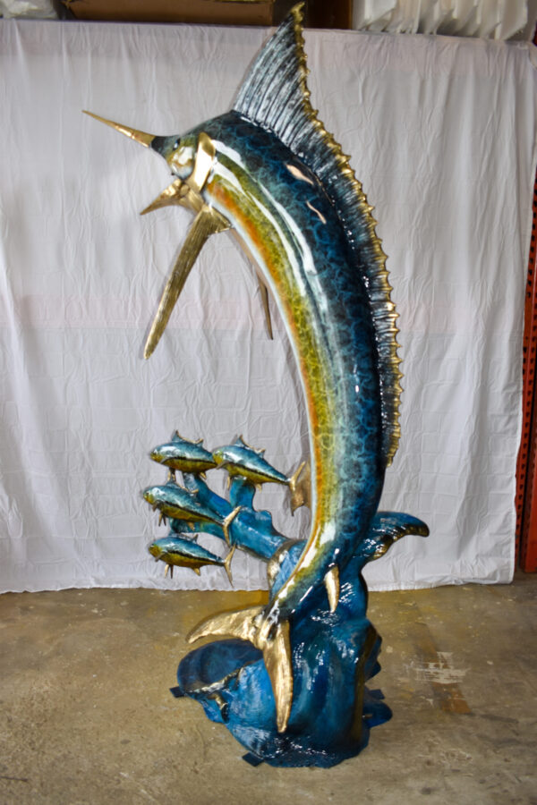 Giant Colored Marlin Fish W 4 Jack Fish Bronze Statue Fountain 85" x 30" x 90"H - Image 3