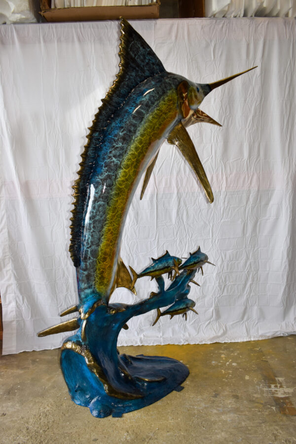 Giant Colored Marlin Fish W 4 Jack Fish Bronze Statue Fountain 85" x 30" x 90"H - Image 6
