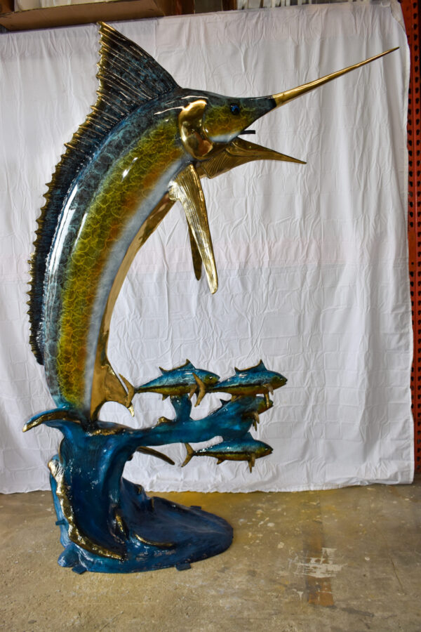 Giant Colored Marlin Fish W 4 Jack Fish Bronze Statue Fountain 85" x 30" x 90"H - Image 7