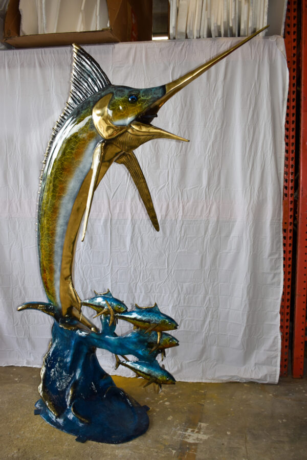 Giant Colored Marlin Fish W 4 Jack Fish Bronze Statue Fountain 85" x 30" x 90"H - Image 8