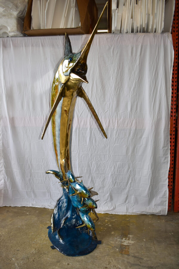 Giant Colored Marlin Fish W 4 Jack Fish Bronze Statue Fountain 85" x 30" x 90"H - Image 9
