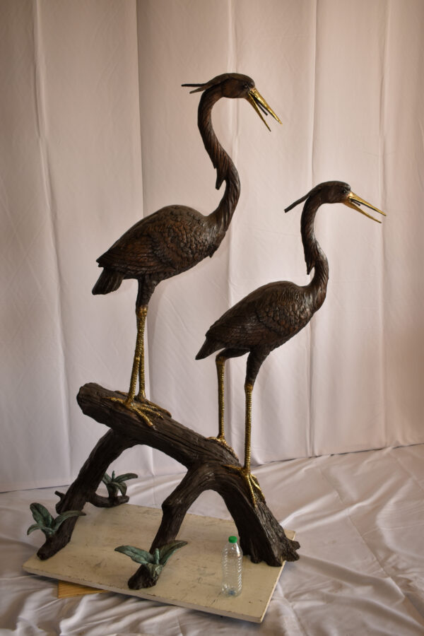 Two Herons on a Tree log Bronze Fountain Statue 38" x 19" x 64"H - Image 7