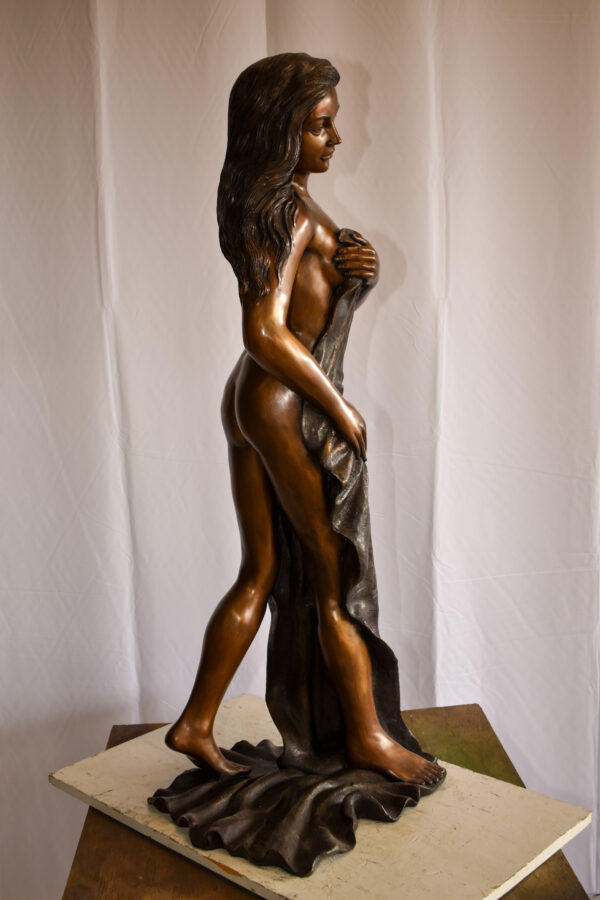 Beautiful Women Nude Art Holding Drape Bronze Statue 22" x 18" x 49"H - Image 7