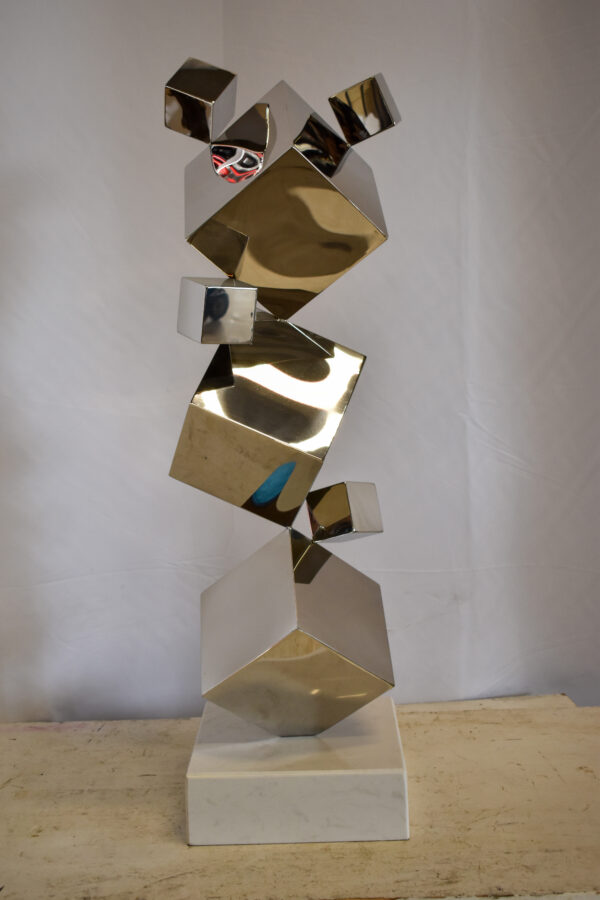 Abstruse Modern Stainless Steel Floating Cube Shapes Statue 9" x 11" x 33"H - Image 3