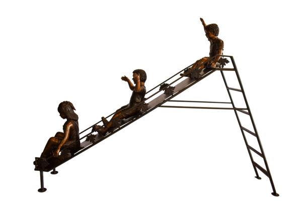 Lifsize Three kids playing on a slide bronze sculpture 114" x 18" x 83"H