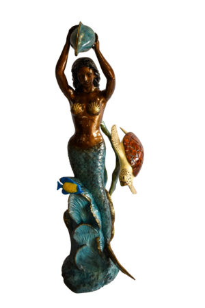 Mermaid With Clown fish and Turtle Bronze Fountain Statue 32" x 19" x 60"H