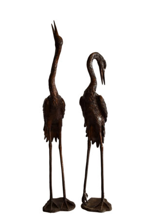 Pair of Crane Fountains Made of Bronze Statue 13" x 9.5" x 52"H