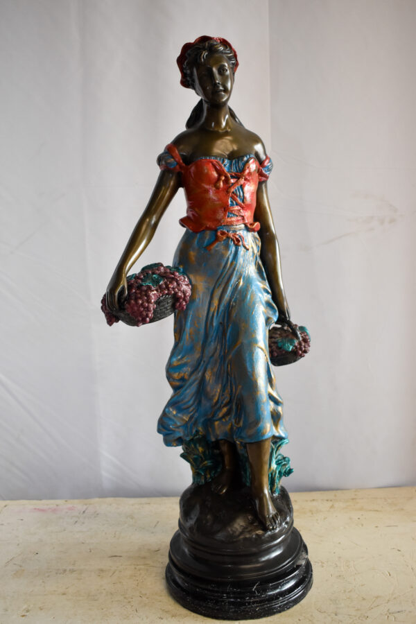 Tranquil Woman Strolling With Fruit Baskets Bronze Statue 13" x 10" x 30"H - Image 3