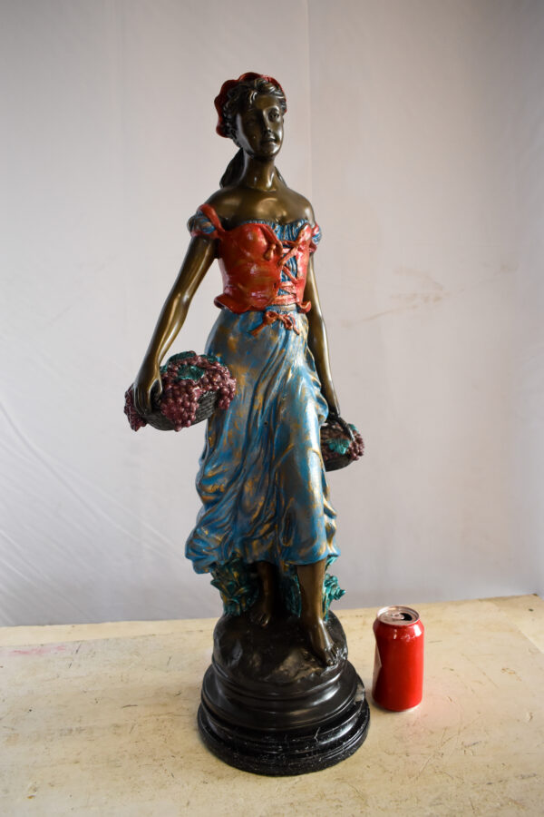 Tranquil Woman Strolling With Fruit Baskets Bronze Statue 13" x 10" x 30"H - Image 4