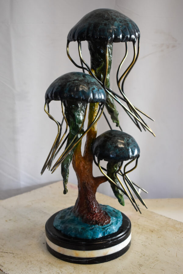 Three Wandering Jellyfish Bronze Statue on a Marble Base 17" x 11" x 24"H - Image 3
